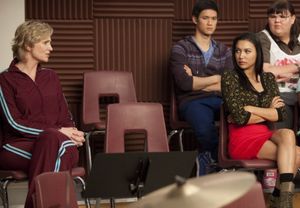 Sue Jane Lynch, L sits in on a glee club rehearsal in the "Comeback" episode of GLEE airing Tuesday, Feb. 15 8:00-9:01 PM ET/PT on FOX. Also pictured L-R: Harry Shum Jr., Naya Rivera and Ashley Fink. @ BroadwayWorld Sue Jane Lynch, L sits in on a glee club rehearsal in the "Comeback" episode of GLEE Photo