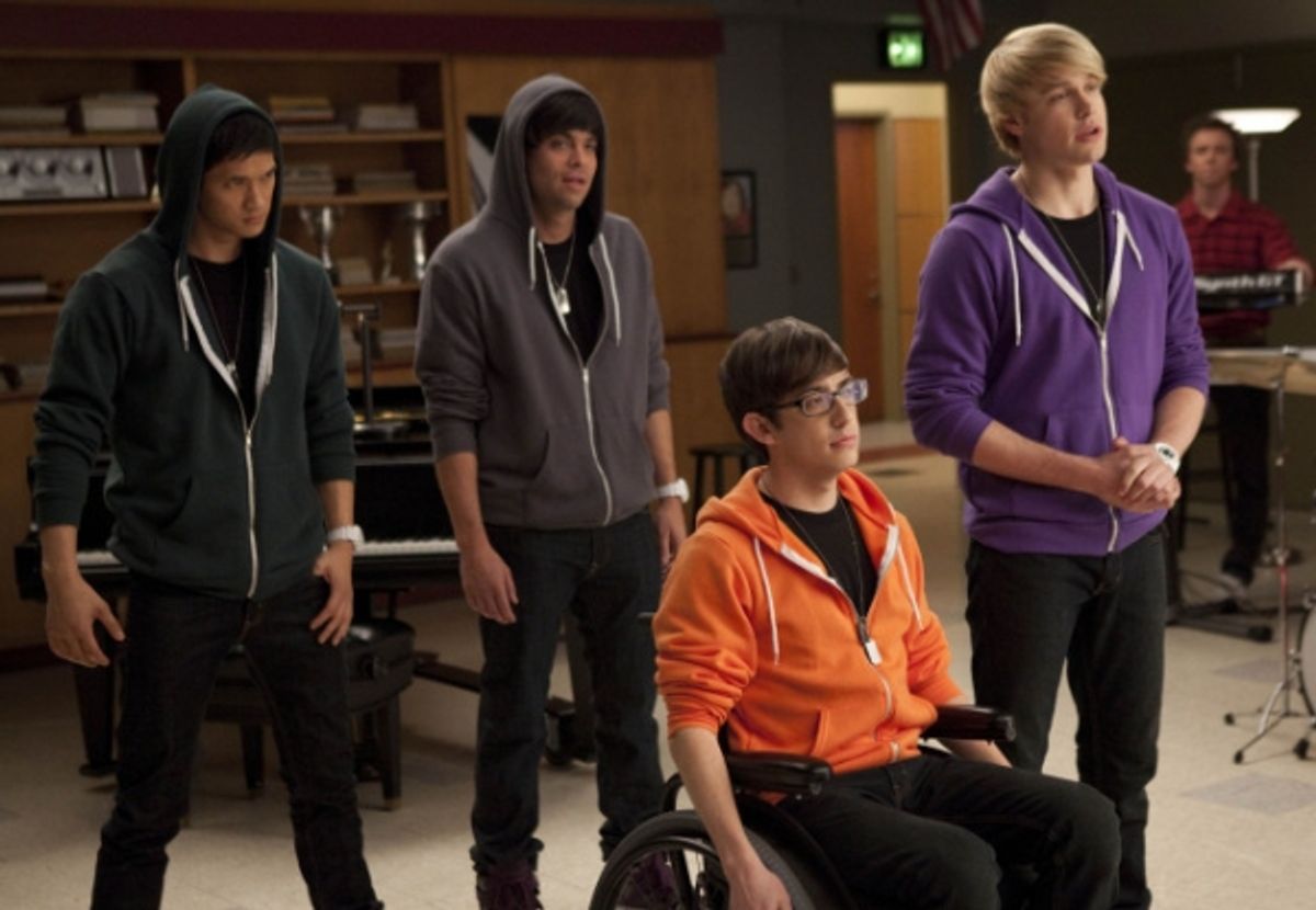 GLEE: Sam (Chord Overstreet, R) starts a tribute band with Mike (Harry Shum Jr., L), Puck (Mark Salling, second from L) and Artie (Kevin McHale, third from L) in the 'Comeback' episode of GLEE airing Tuesday, Feb. 15 (8:00-9:00 PM ET/PT) on FOX. Ã‚Â©2011  at 
