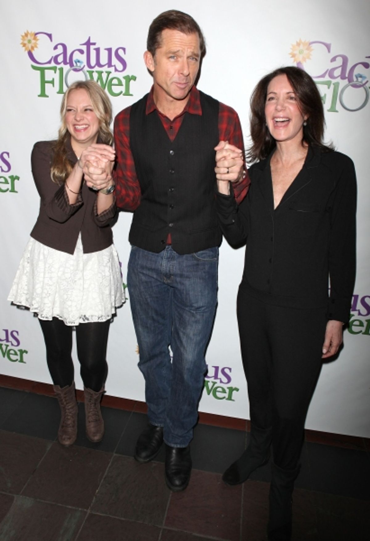 Jenni Barber, Maxwell Caulfield and Lois Robbins attends the 'Cactus Flower' Meet & Greet the Press event at the Westside Theatre in New York City. at 