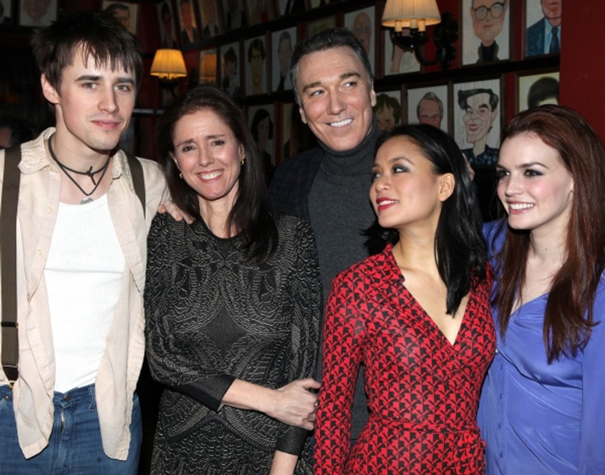Reeve Carney, Julie Taymor, Patrick Page, T.V. Carpio and Jennifer Damiano attending the 'Spider-Man Turn Off The Dark' Benefit for The Actors Fund at a Pre-Show Cocktail Reception held at Sardi's Restaurant in New York City at 