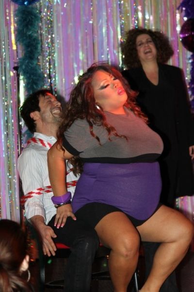 Mary Testa joins the laughs as Cast member Jiggly Caliente treats audience member to  Photo