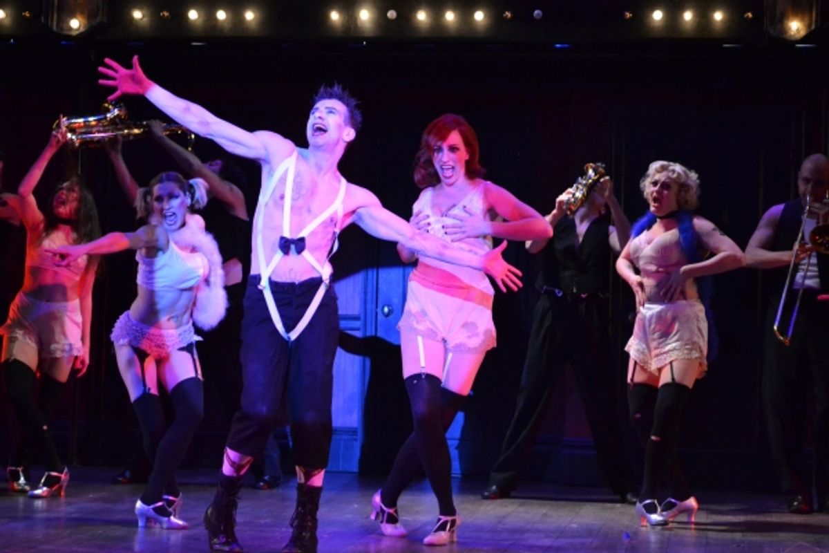 Audrey Senesse (Lulu); Christina Pawl (Rosie); Jon Peterson (Emcee); Laura Shoop (Fraulein Fritzie Kost); Eric Jetner (Bobby, Saxophone); Shana Mahoney (Texas); Richard Costa (Hans, Trombone) at Engeman Thetare's CABARET