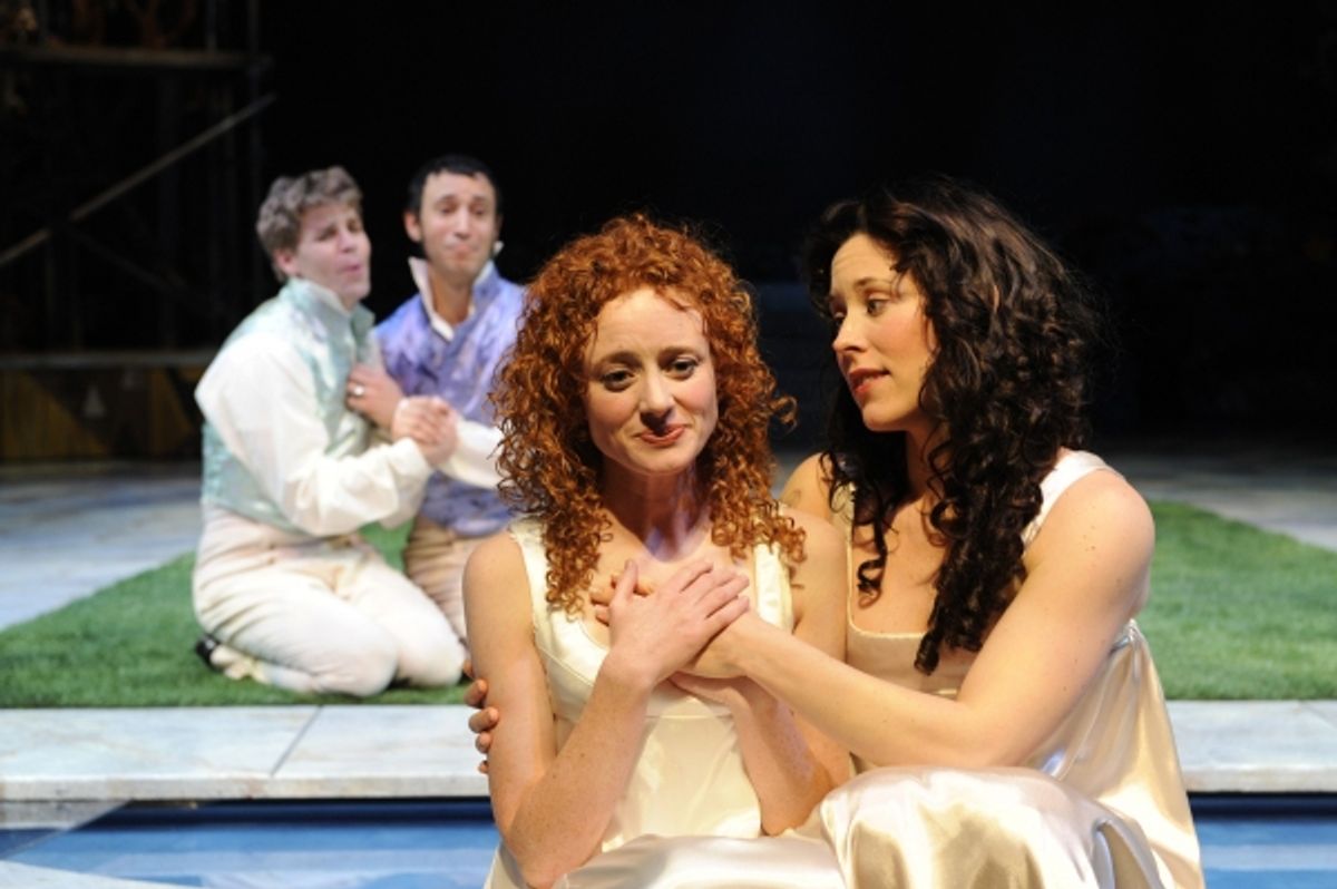 (L-R) Leigh Miller (Lysander), Drew Cortese (Demetrius), Caitlin Wise (Hermia) and Allison Pistorius (Helena) at 