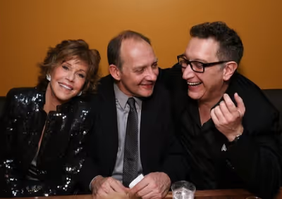Jane Fonda, cast member Zach Grenier and Playwright/Director Moises Kaufman  Photo