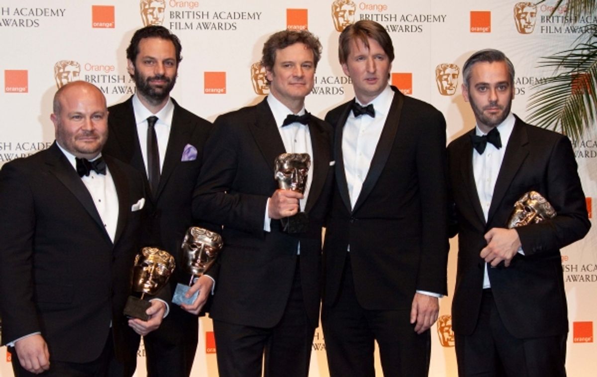 Gareth Unwin, Emile Sherman, Colin Firth, Tom Hooper and Iain Canning (l-r) pose with the award for Best Film for 'The King's SpeechÃ'Æ’Ã¯Â¿Â½Ã'â€šÃ‚Â 'in the winner's pressroom of the Orange British Academy Film Awards, aka Baftas, at Royal Opera House i at 