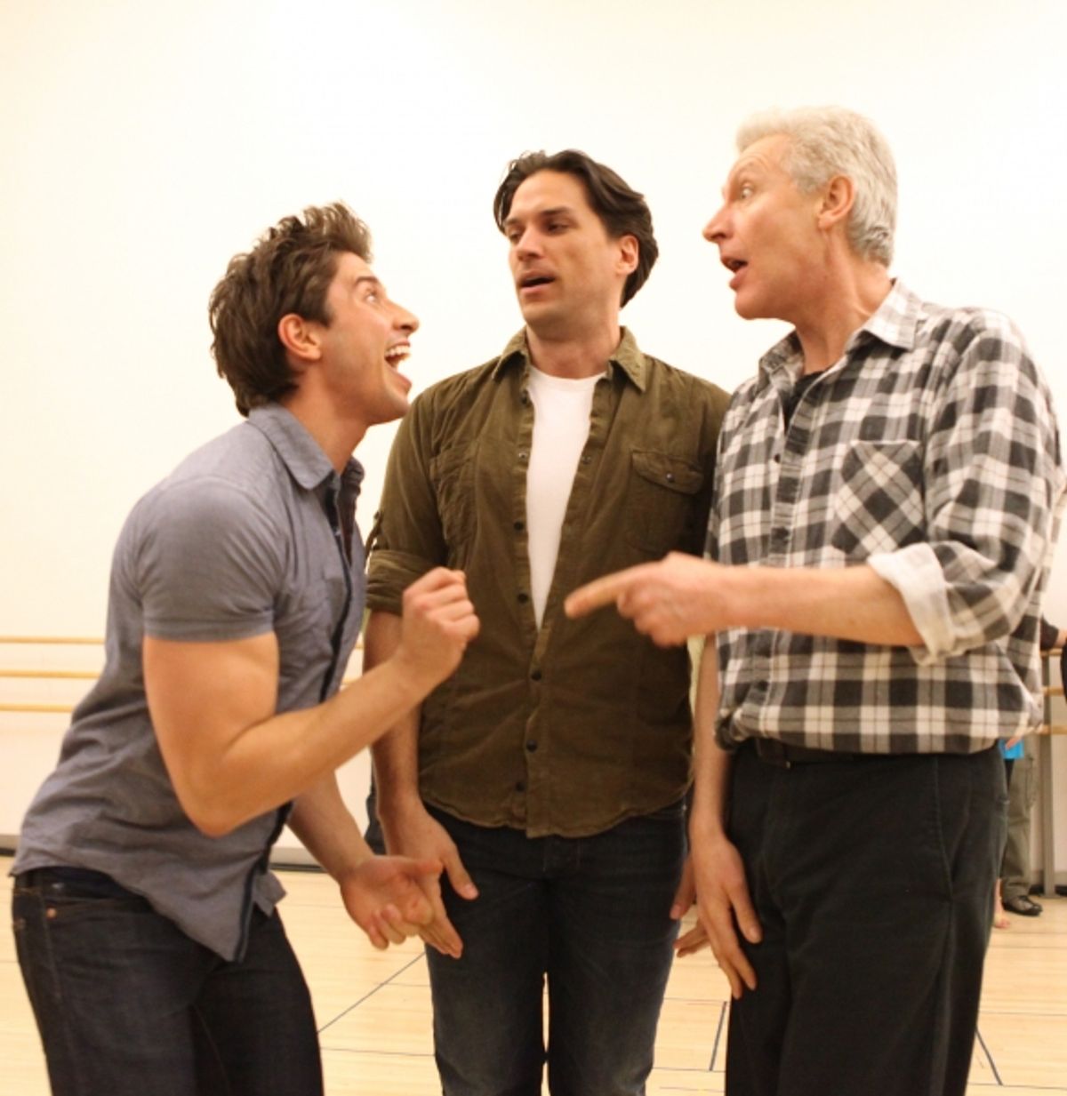 Nick Adams & Will Swenson & Tony Sheldon attend the 'Priscilla Queen Of The Desert' Meet & Greet the Cast & Creative team at the Alvin Ailey American Dance Theatre in New York City. at 