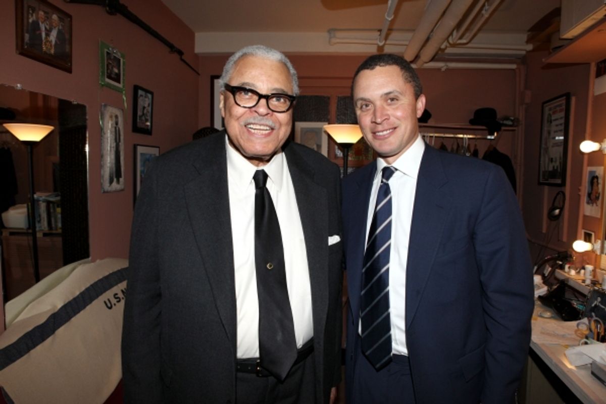 Former Tennessee Congressman Harold Ford, Jr. visit James Earl Jones backstage before participating in the 'Driving Miss Daisy' Talkbacks at the Golden Theatre in New York City. at 