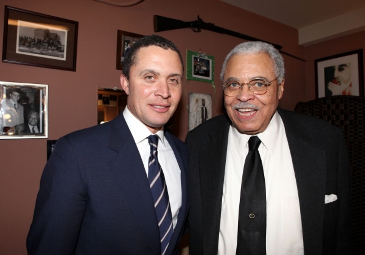 Former Tennessee Congressman Harold Ford, Jr. visits James Earl Jones backstage before participating in the 'Driving Miss Daisy' Talkbacks at the Golden Theatre in New York City. at 