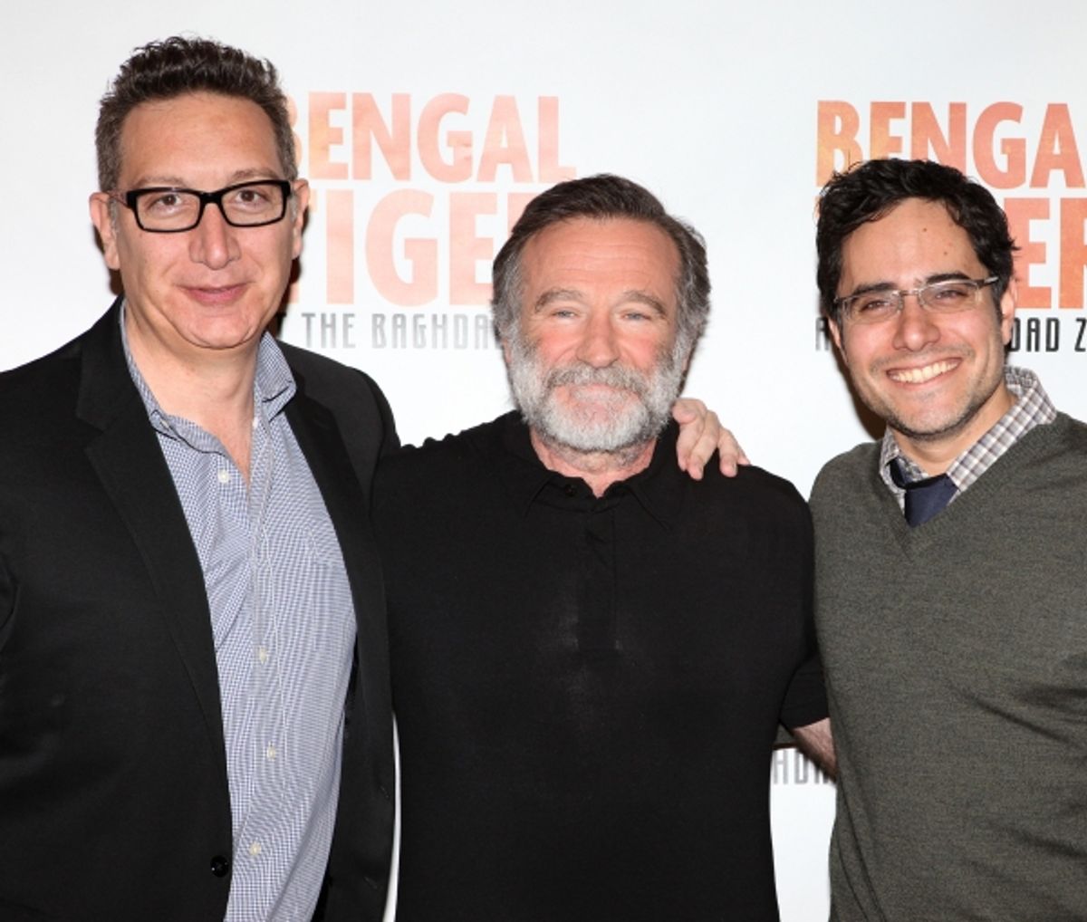 Moises Kaufman, Robin Williams and Rajiv Joseph attends the 'Bengal Tiger at The Baghdad Zoo' Meet & Greet during Rehearsals at The New 42nd Street Studios in New York City at 
