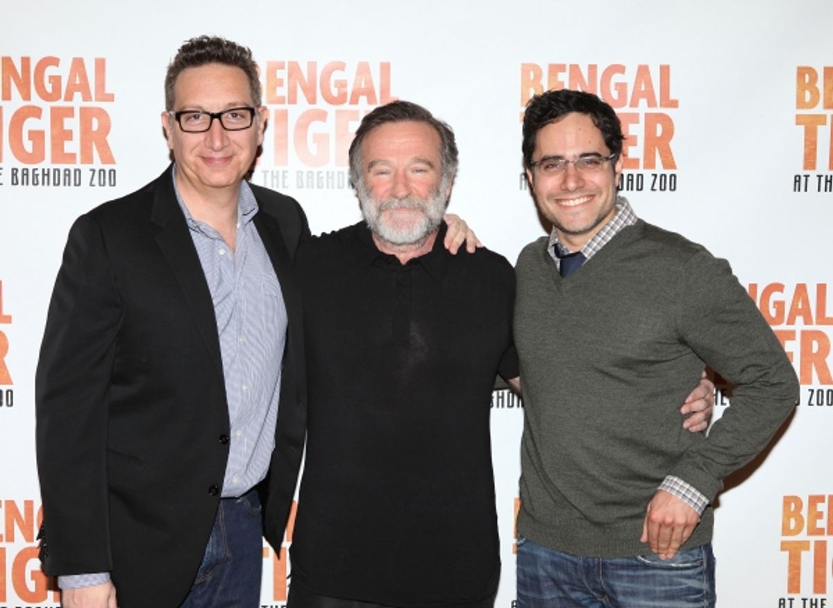 Moises Kaufman, Robin Williams and Rajiv Joseph attends the 'Bengal Tiger at The Baghdad Zoo' Meet & Greet during Rehearsals at The New 42nd Street Studios in New York City at 