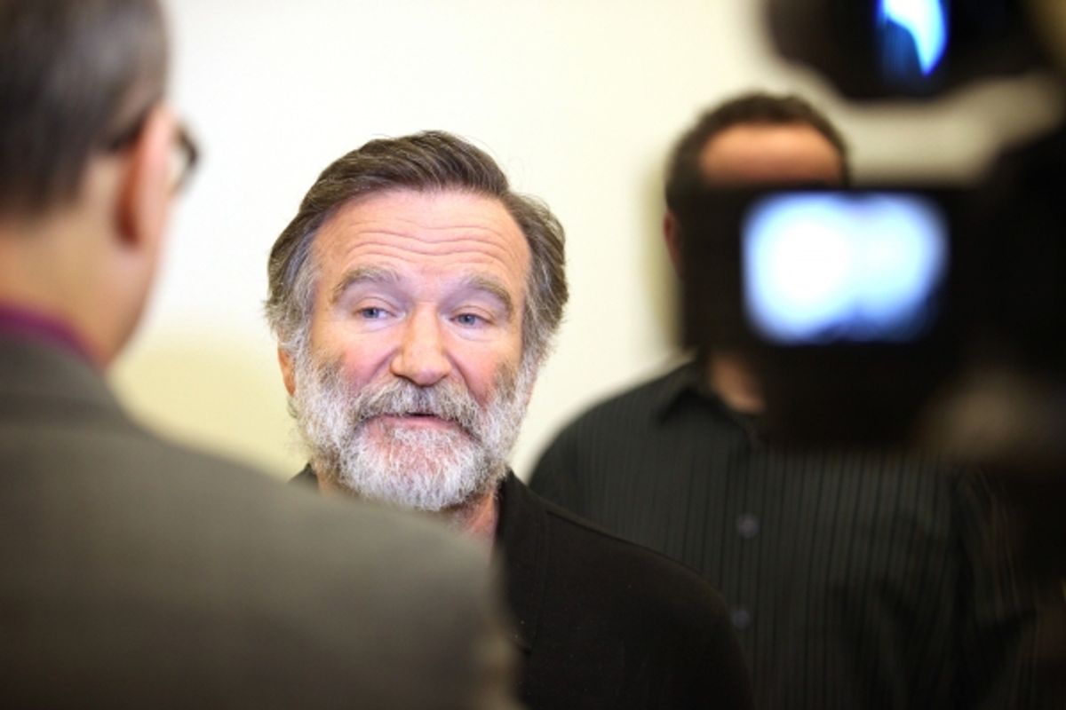 Robin Williams attends the 'Bengal Tiger at The Baghdad Zoo' Meet & Greet during Rehearsals at The New 42nd Street Studios in New York City. at 
