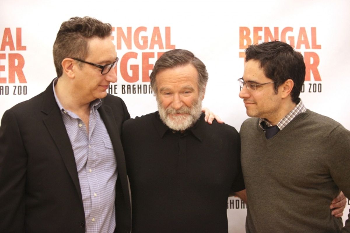 Director Moises Kaufman & Robin Williams & Playwright Rajiv Joseph attends the 'Bengal Tiger at The Baghdad Zoo' Meet & Greet during Rehearsals at The New 42nd Street Studios in New York City. at 