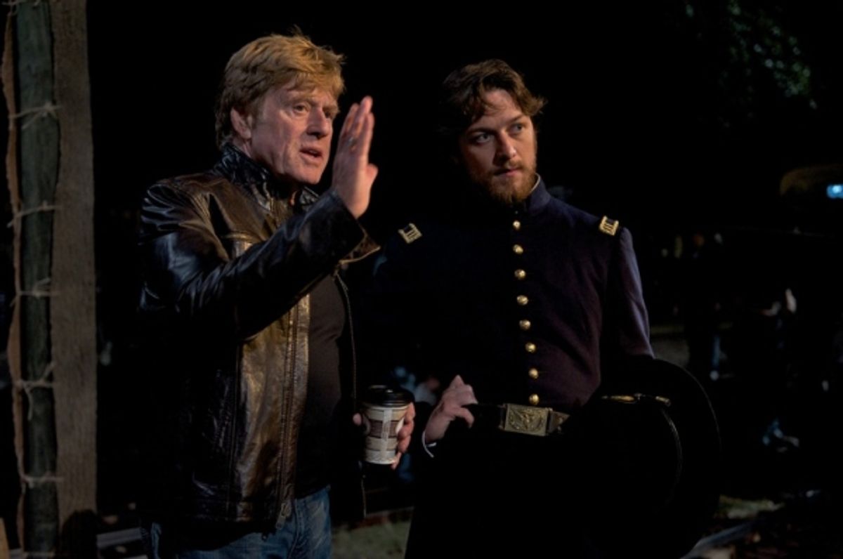 Robert Redford directs lead actor James McAvoy on set in Savannah, GA at 