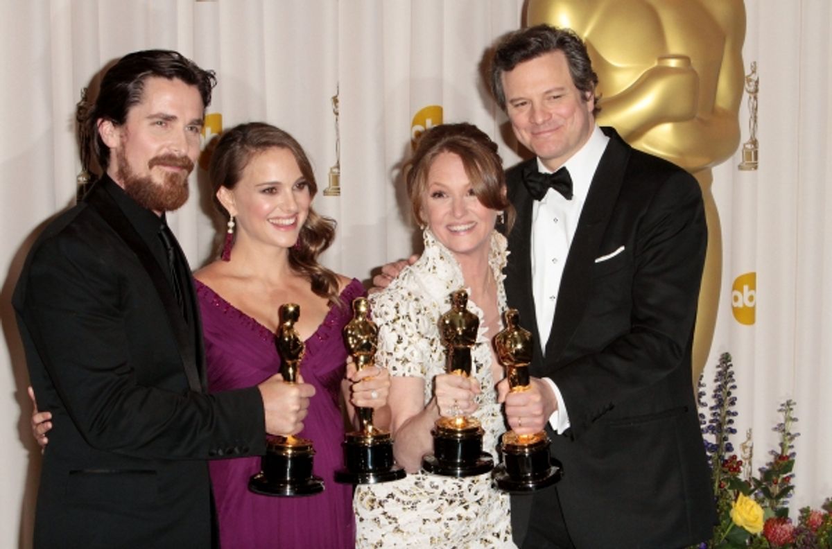 Christian Bale, Natalie Portman, Melissa Leo, and Colin Firth pictured at the 83rd Annual Academy Awards - Press Room held at the Kodak Theatre in Hollywood, California on February 27, 2011. Ã‚Â© RD / Orchon / Retna Digital. at 
