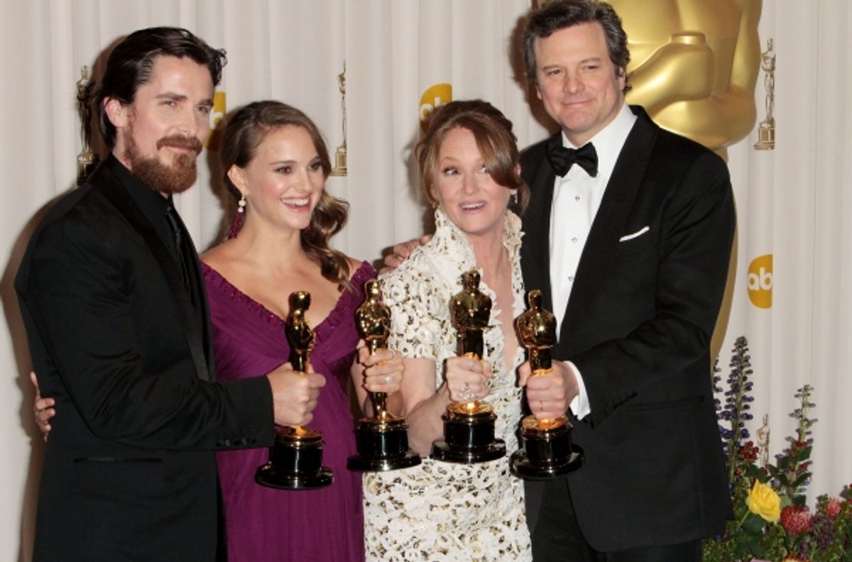 Christian Bale, Natalie Portman, Melissa Leo, and Colin Firth pictured at the 83rd Annual Academy Awards - Press Room held at the Kodak Theatre in Hollywood, California on February 27, 2011. Ã‚Â© RD / Orchon / Retna Digital. at 