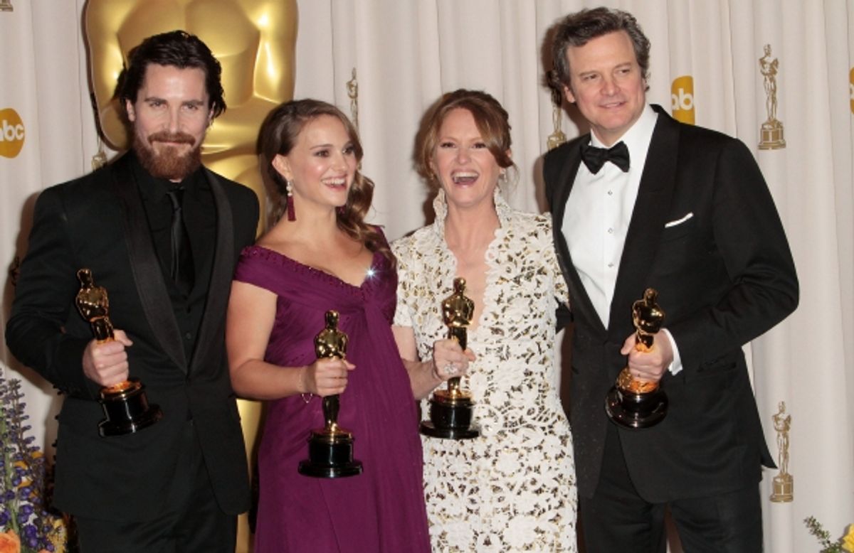 Best Supporter winner Christian Bale, Best winner Natalie Portman, Best Supporting winner Melissa Leo and Best winner Colin Firth pictured at the 83rd Annual Academy Awards Press Room held at the Kodak Theatre in Hollywood, Cal at 