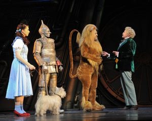 Dorothy (Danielle Hope), Tin Man (Edward Baker-Duly), Lion (David Ganley) meet the Wi Photo