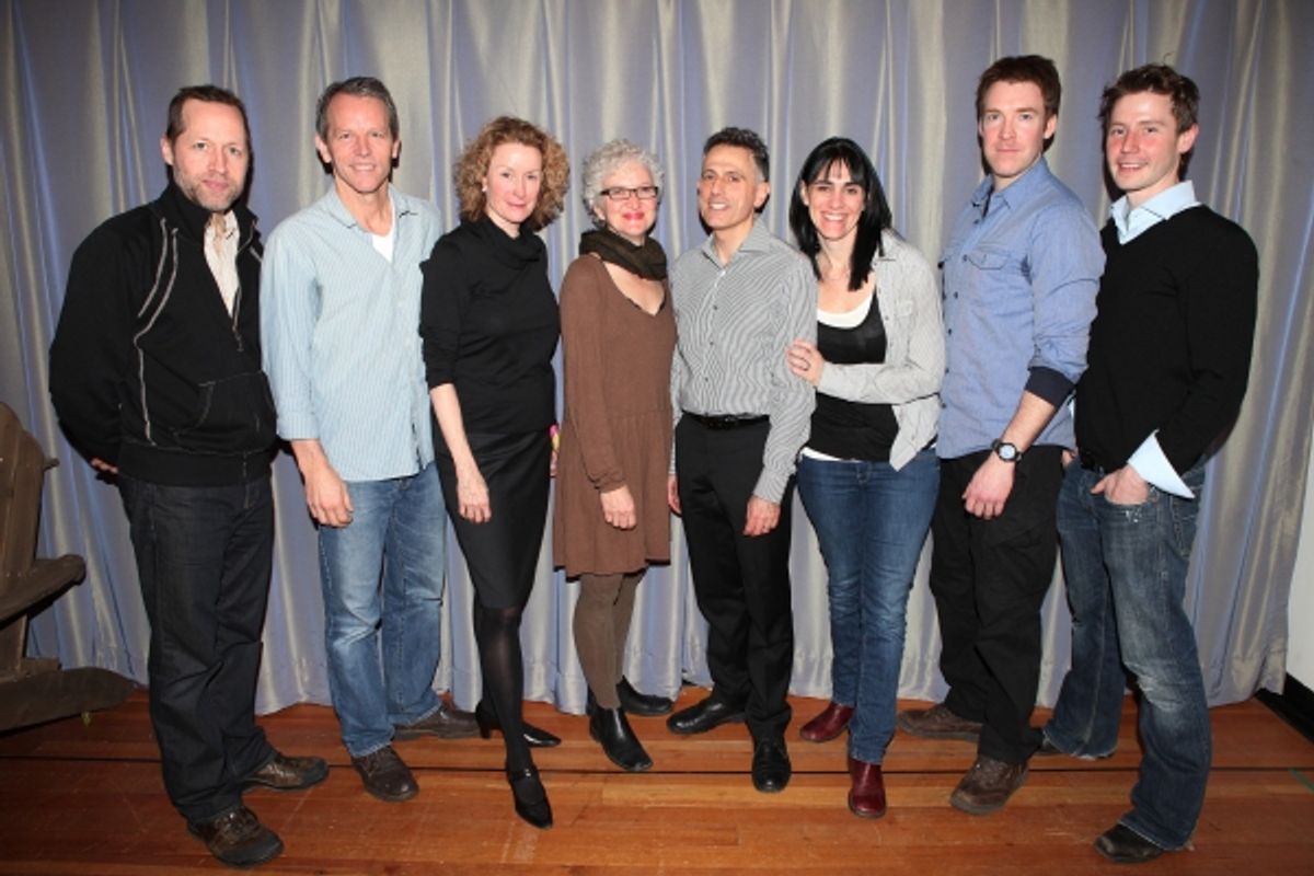Tim Hopper, Stephen Bogardus, Lisa Banes, Judith Rbin, David Greenspan, Leigh Silverman, Brian Hutchison & Michael Izquierdo attending the 'Go Back To Where You Are' First Day of Rehearsals at Playwrights Horizons' in New York City. at 