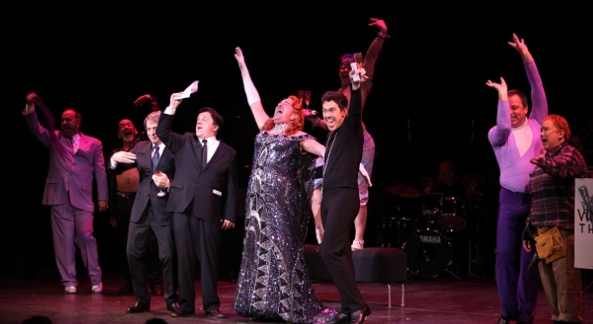 Jason Patrick Sands, Jimmy Borstelmann, Kevin Ligon, Peter Marinos, Matthew Broderick, Nathan Lane, Gary Beach & Jimmy Borstelmann performing in STRO! The Vineyard Theatre Annual Spring Gala honors Susan Stroman at the Hudson Theatre in New York City at 