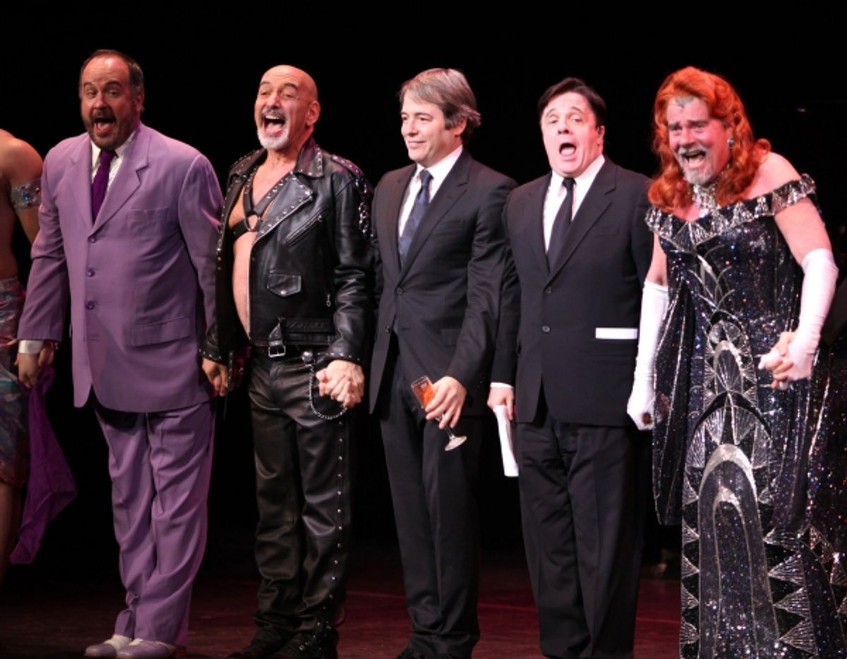 Kevin Ligon, Peter Marinos, Matthew Broderick, Nathan Lane, Gary Beach performing in STRO! The Vineyard Theatre Annual Spring Gala honors Susan Stroman at the Hudson Theatre in New York City at 