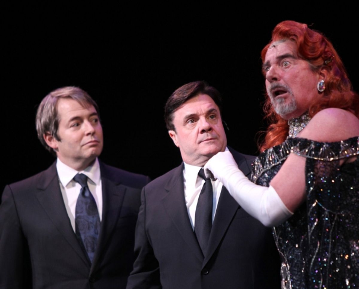 Matthew Broderick & Nathan Lane & Gary Beach (The Producers) performing in STRO! The Vineyard Theatre Annual Spring Gala honors Susan Stroman at the Hudson Theatre in New York City at 