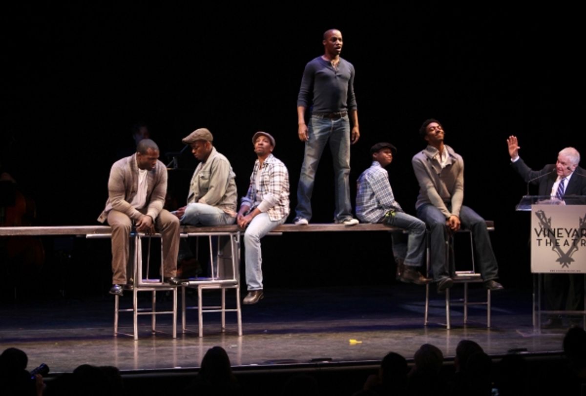 Joshua Henry & the cast of 'The Scottsboro Boys' with John Kander performing in STRO! The Vineyard Theatre Annual Spring Gala honors Susan Stroman at the Hudson Theatre in New York City at 