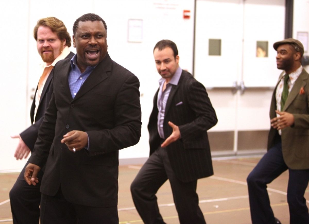 John Treacy Egan, Caesar Samayoa, Demond Green and Kingsley Leggs attending the Open Press Rehearsal for the New Broadway Musical 'Sister Act' at the New 42nd Street Studios in New York City. *** Local Caption *** Performance, Rehearsal, Studio at 