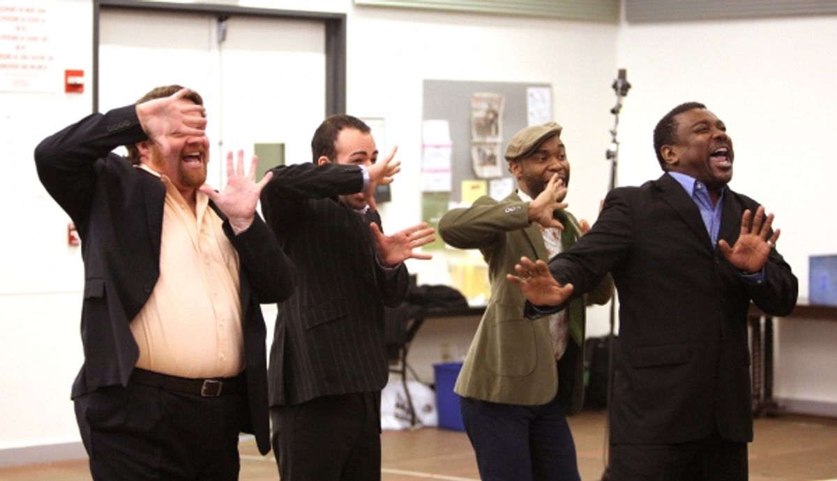 John Treacy Egan, Caesar Samayoa, Demond Green and Kingsley Leggs attending the Open Press Rehearsal for the New Broadway Musical 'Sister Act' at the New 42nd Street Studios in New York City. *** Local Caption *** Performance, Rehearsal, Studio at 