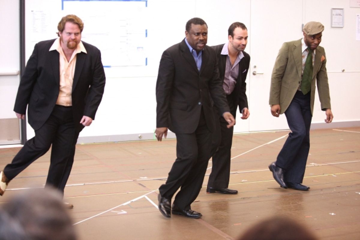 John Treacy Egan, Caesar Samayoa, Demond Green and Kingsley Leggs attending the Open Press Rehearsal for the New Broadway Musical 'Sister Act' at the New 42nd Street Studios in New York City. *** Local Caption *** Performance, Rehearsal, Studio at 