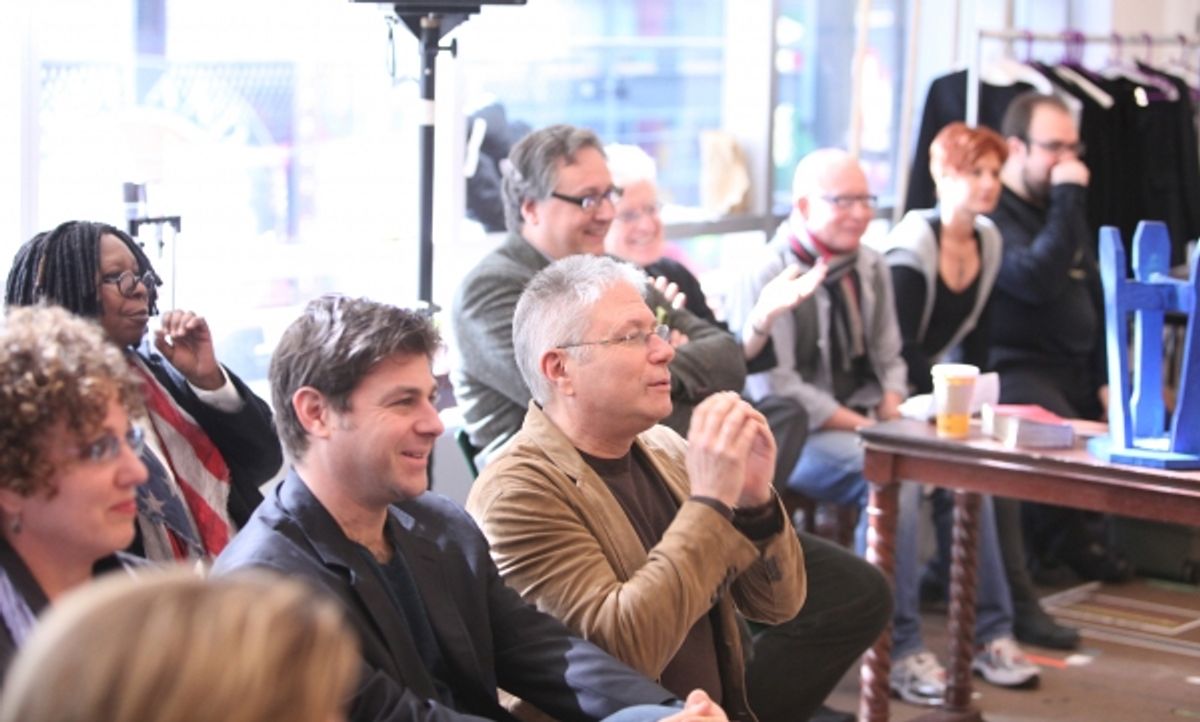 Cheri Steinkellner & Whoopi Goldberg & Glenn Slater & Alan Menken & Douglas Carter Beane attending the Open Press Rehearsal for the New Broadway Musical 'Sister Act' at the New 42nd Street Studios in New York City. *** Local Caption *** Performance, Rehea at 