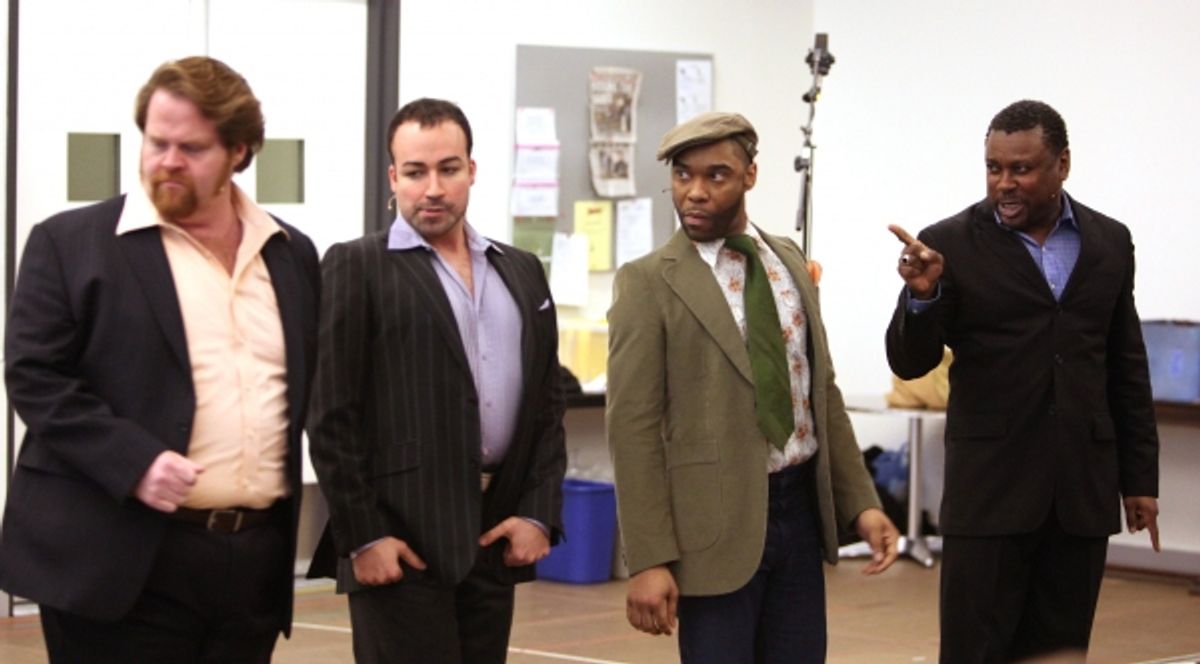 John Treacy Egan, Caesar Samayoa, Demond Green and Kingsley Leggs attending the Open Press Rehearsal for the New Broadway Musical 'Sister Act' at the New 42nd Street Studios in New York City. *** Local Caption *** Performance, Rehearsal, Studio at 