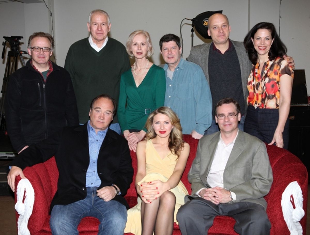 Standing: Andrew Weems, Terry Beaver, Patricia Hodges, Michael McGrath, Frank Wood, and Jennifer Regan Seated: Jim Belushi, Nina Arianda, Robert Sean Leonard attending the meet & greet for the upcoming Broadway Revival of 'Born Yesterday' at the Roundabou at 