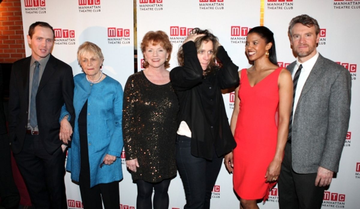 Patrick Carroll, Estelle Parsons, Becky Ann Baker, Frances McDormand, Renee Elise Goldsberry and Tate Donovan attending the Opening Night Performance After Party for the Manhattan Theatre Club's 'Good People'  in New York City. at 