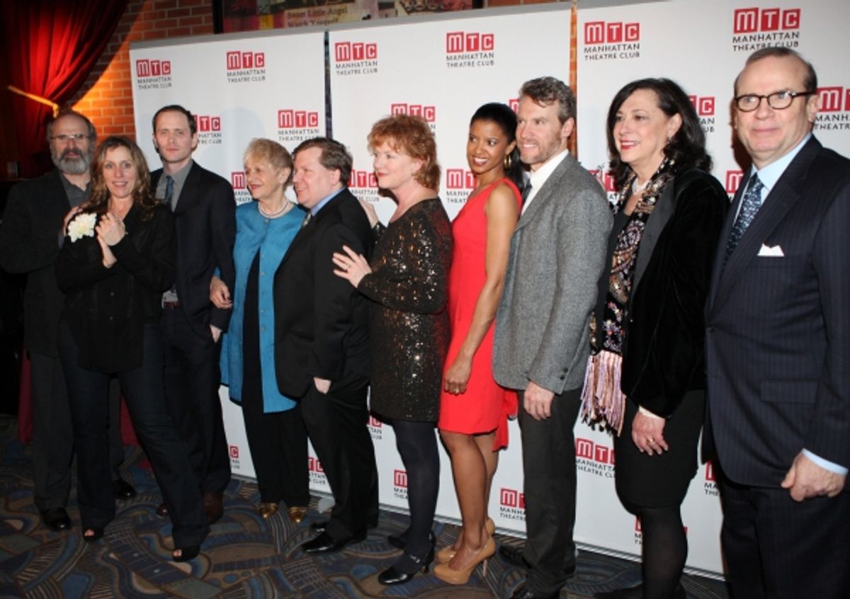Daniel Sullivan, Frances McDormand, Patrick Carroll, Estelle Parsons, David Lindsay-Abaire, Becky Ann Baker, Renee Elise Goldsberry, Tate Donovan, Lynne Meadow and Barry Grove attending the Opening Night Performance After Party for the Manhattan Theatre C at 