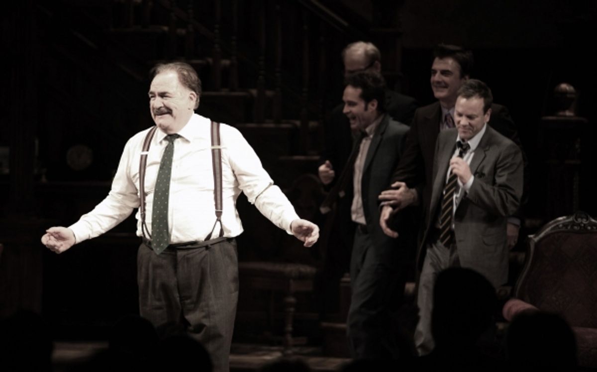 Jason Patric, Jim Gaffigan, Brian Cox, Chris Noth & Keifer Sutherland during the Opening Night Performance Curtain Call for  'That Championship Season' at the Bernard B. Jacobs Theatre  in New York City. at 
