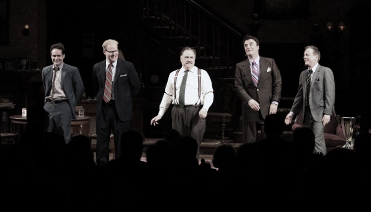 Jason Patric, Jim Gaffigan, Brian Cox, Chris Noth & Keifer Sutherland during the Opening Night Performance Curtain Call for  'That Championship Season' at the Bernard B. Jacobs Theatre  in New York City. at 