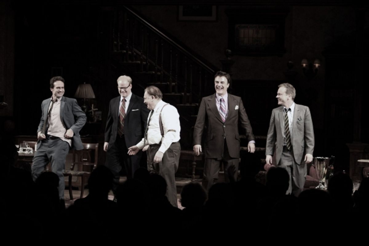Jason Patric, Jim Gaffigan, Brian Cox, Chris Noth & Keifer Sutherland during the Opening Night Performance Curtain Call for  'That Championship Season' at the Bernard B. Jacobs Theatre  in New York City. at 