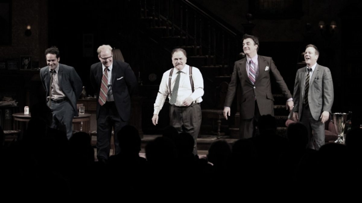 Jason Patric, Jim Gaffigan, Brian Cox, Chris Noth & Keifer Sutherland during the Opening Night Performance Curtain Call for  'That Championship Season' at the Bernard B. Jacobs Theatre  in New York City. at 