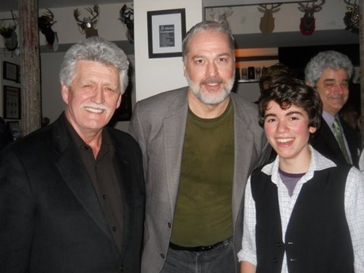 BH Barry, Tom Hewitt (Long John Silver) and Noah E Galvin (Jim Hawkins) at 