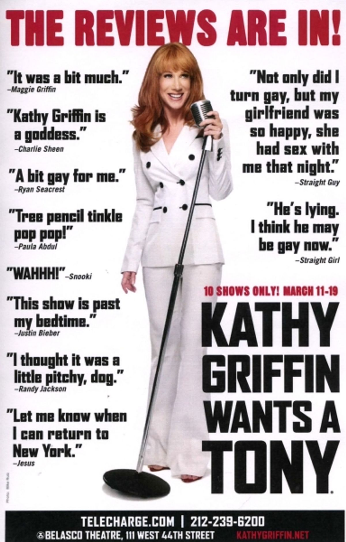 The Reviews are in! Before the Show Opens.... ''Kathy Griffin Wants A Tony' Meet & Greets the press and fans after adding two shows to her Broadway Engagement at the Belasco Theatre in New York City. at 