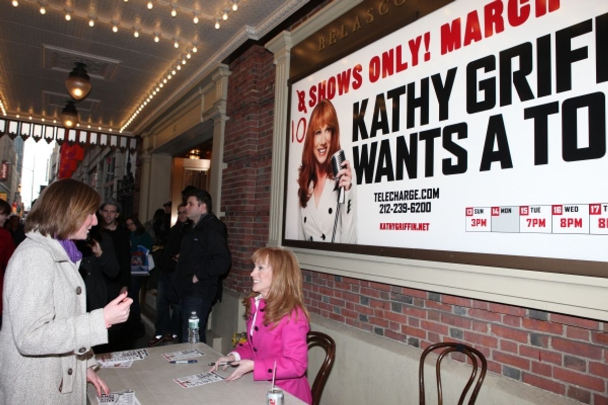 ''Kathy Griffin Wants A Tony' Meet & Greets the press and fans after adding two shows to her Broadway Engagement at the Belasco Theatre in New York City. Pictured: with a fan at 
