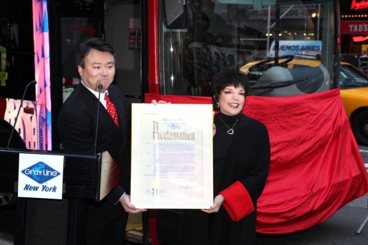 Director of Marketing, Gray Line New York, David W. Chien  & Liza Minnelli being Honored in Gray Line New York's  'Ride of Fame' Campaign in Times Square, New York City. at 