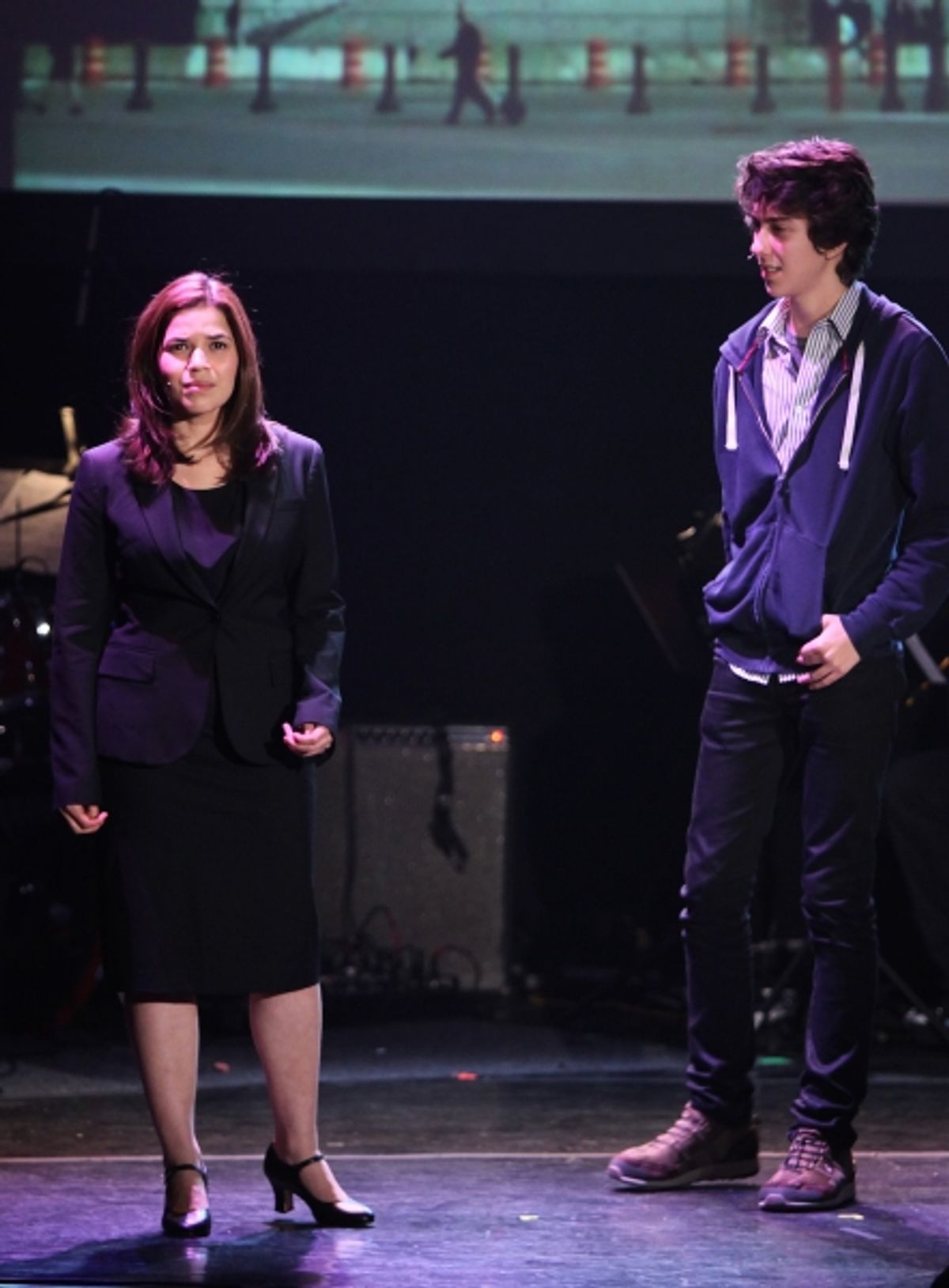 Nat Wolff, America Ferrera Performing in 'The Exact Right Thing' at The 24 Hour Musicals after performance party at the Gramercy Theatre in New York City. at 