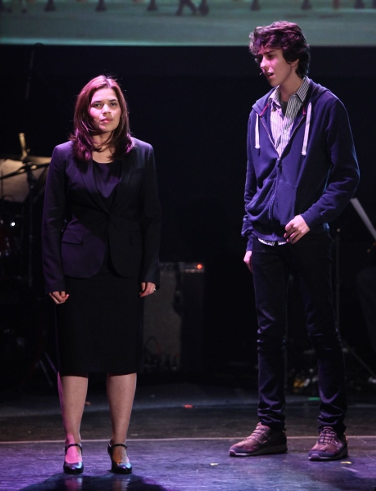 Nat Wolff, America Ferrera Performing in 'The Exact Right Thing' at The 24 Hour Musicals after performance party at the Gramercy Theatre in New York City. at 