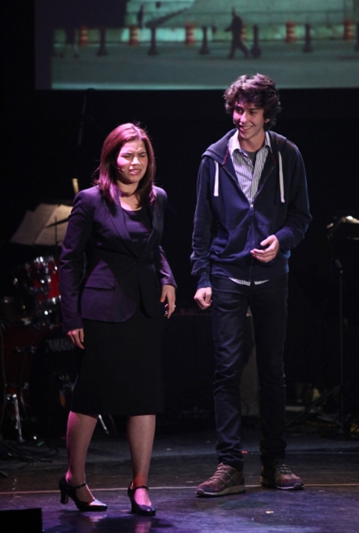 Nat Wolff & America Ferrera Performing in 'The Exact Right Thing' at The 24 Hour Musicals after performance party at the Gramercy Theatre in New York City. at 