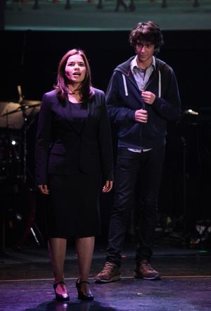 Nat Wolff & America Ferrera Performing in 'The Exact Right Thing' at The 24 Hour Musicals after performance party at the Gramercy Theatre in New York City. @ BroadwayWorld Nat Wolff & America Ferrera Performing in 'The Exact Right Thing' at The 24 Hour Musi Photo
