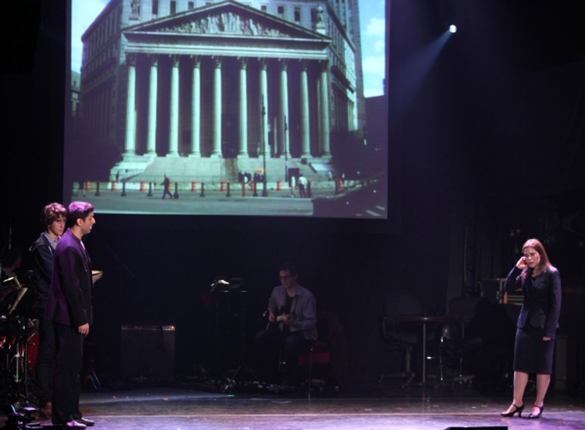 Nat Wolff,  America Ferrera & Tony Yazbeck Performing in 'The Exact Right Thing' at The 24 Hour Musicals after performance party at the Gramercy Theatre in New York City. at 