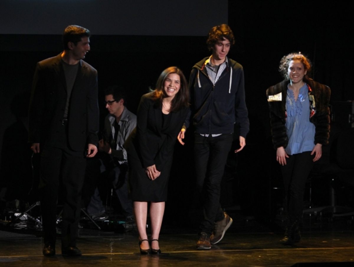 Tony Yazbeck, America Ferrera, Nat Wolff & Kat Pallardy Performing in 'The Exact Right Thing' at The 24 Hour Musicals after performance party at the Gramercy Theatre in New York City. at 