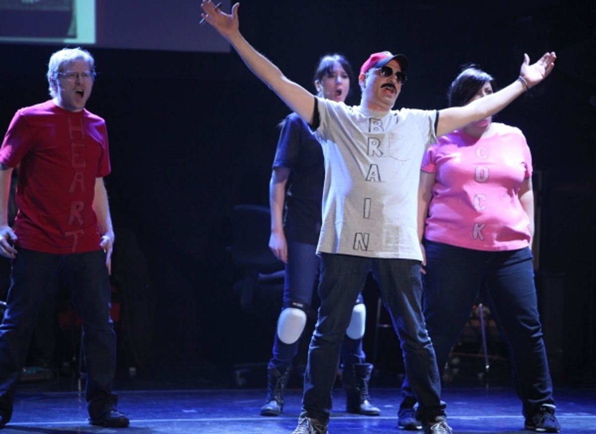 Anthony Rapp, Ashlie Atkinson, Julian Fleisher, Dee Roscioli Performing in 'The World Is Ending' at The 24 Hour Musicals after performance party at the Gramercy Theatre in New York City. at 