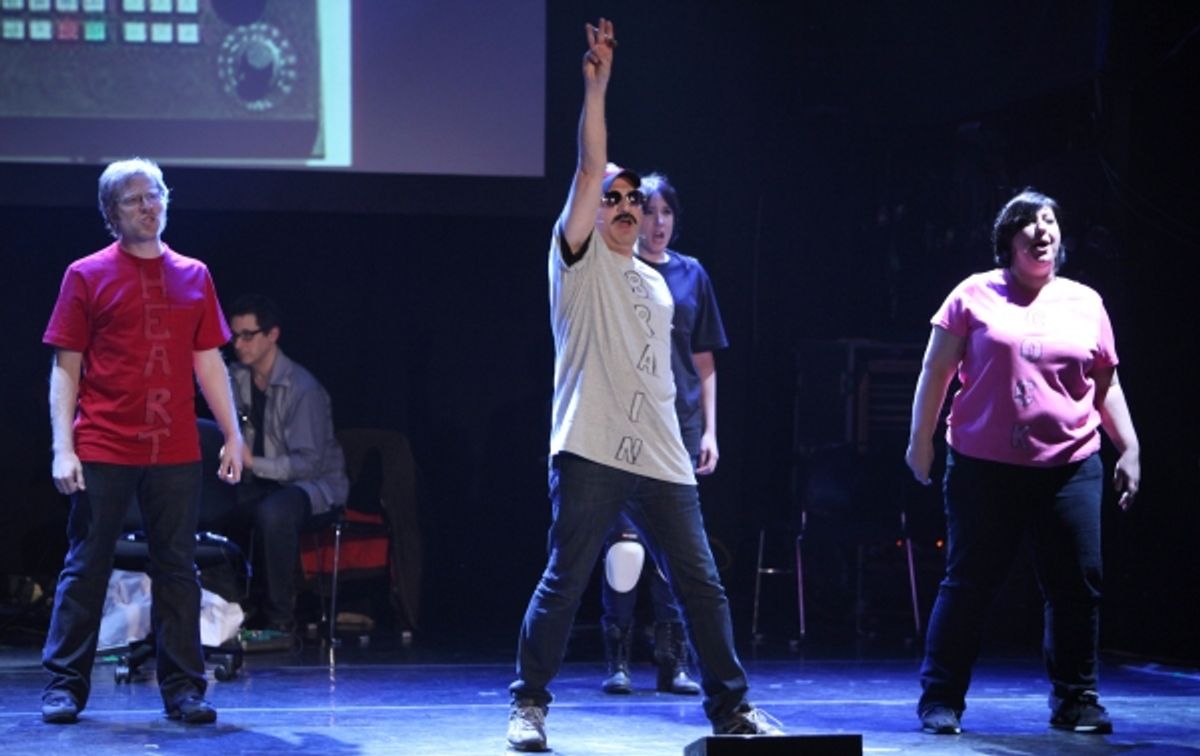Anthony Rapp, Ashlie Atkinson, Julian Fleisher, Dee Roscioli Performing in 'The World Is Ending' at The 24 Hour Musicals after performance party at the Gramercy Theatre in New York City. at 